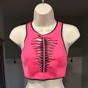 Becca Virtue Medium Bikini Top Pink Black Full Zip Hot Neon Big Zipper Pull Back